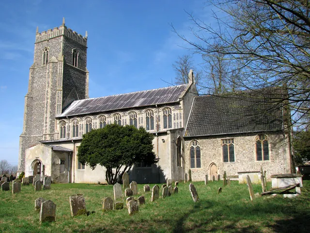 Parish church of St John the Baptist, Bressingham, Norfolk, seen from the southeast. The west tower is 15th-century and is 20 metres high.