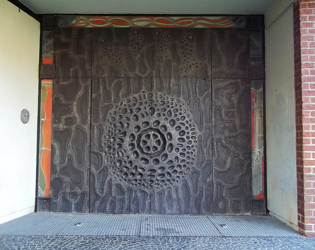 Heilig-Geist-Kirche der Barbara-Gemeinde in Herne-Röhlinghausen, von Günter Dworak 1969 gestaltetes rechtes Eingangsportal