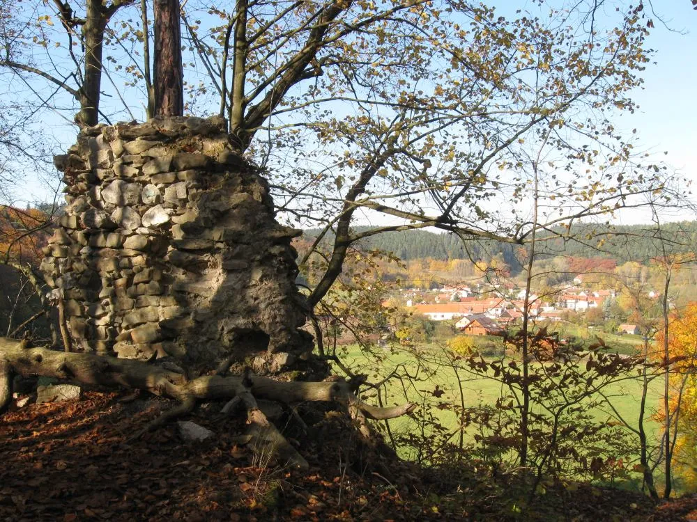 Zbytky zdí hradu Holštejna, v pozadí ves Holštejn
