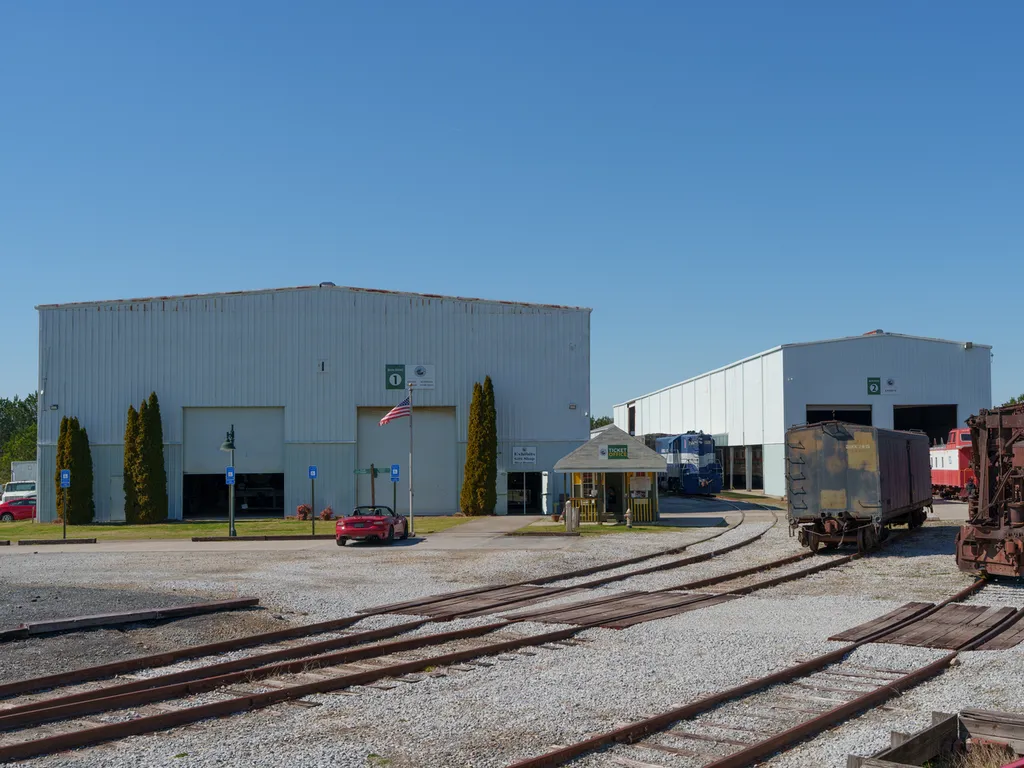 Buildings 1 and 2 of the Southeastern Railway Museum where most exhibits are on display, 2026-02-28. Visitors enter here after paying at the Ticket Office in-between the buildings.