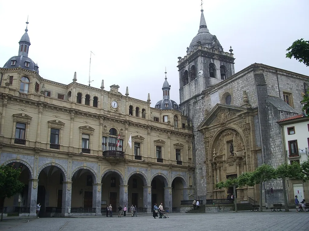 Church and Town Hall in Gudarien plaza, Hernani, Guipuscoa, Basque Country