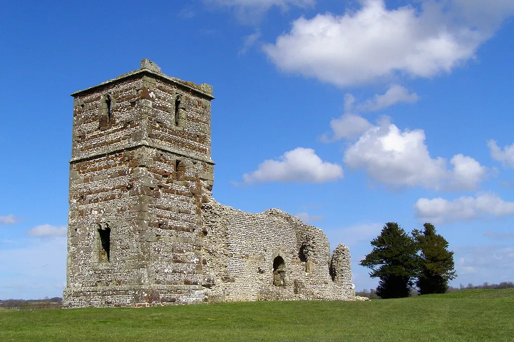 Ruined parish church at Knowlton, Dorset, seen from the southwest