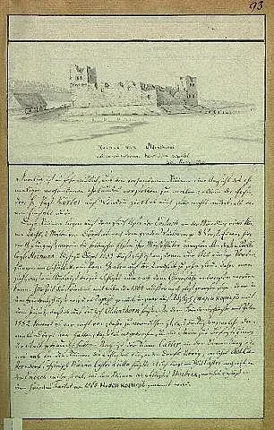 Scan from Johann Christoph Brotze's book Sammlung verschiedner Liefländischer Monumente. Ruinen von Oldenthorn [Eduard Philipp Körber; die Ansicht].