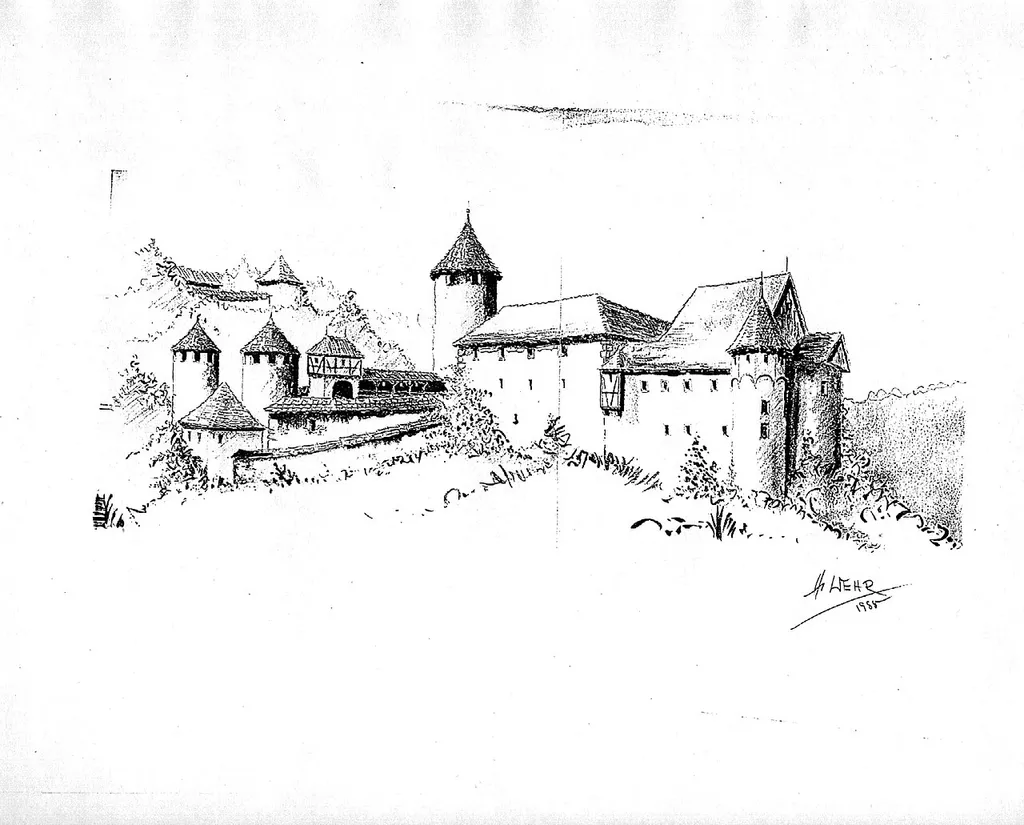 Rekonstruktionsversuch der Burgruine Marstetten. Erstellt von Hubert Wehr.