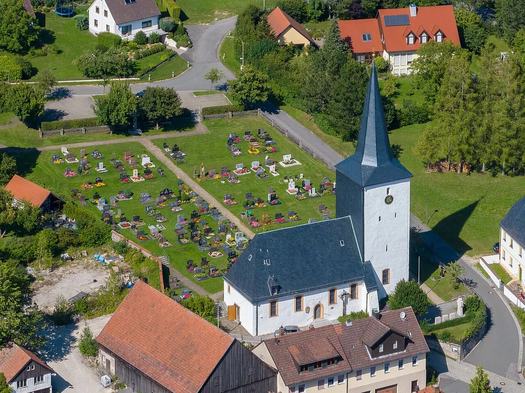 Catholic parish church of St. Martin in Steinfeld, aerial view.