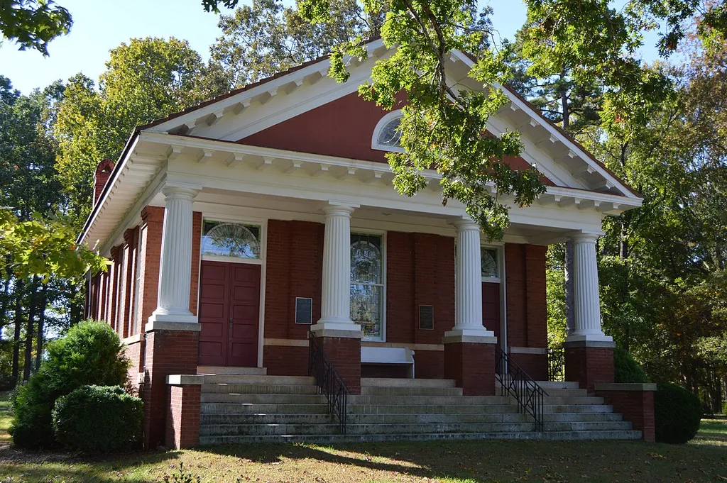 Front and eastern side of the Red House Presbyterian Church, located at 13409 N. North Carolina Highway 119 southwest of Semora in Caswell County, North Carolina, United States. Built in 1913, it is listed on the National Register of Historic Places.