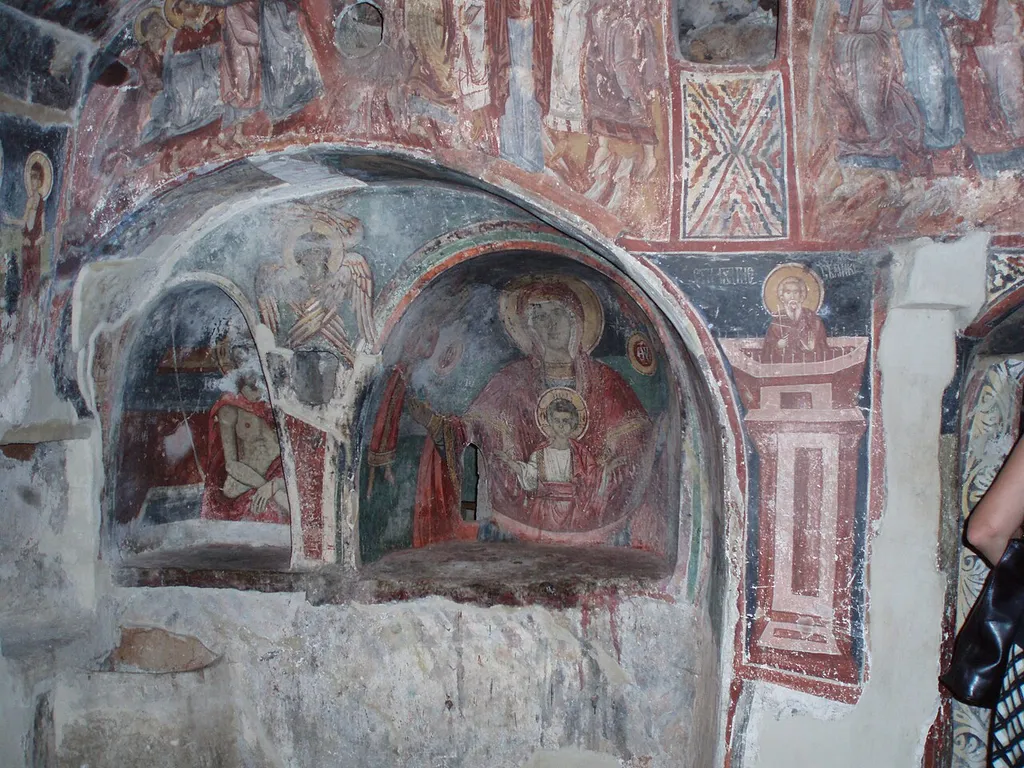 The rock church in the monastery of Kalishta in Republic of Macedonia. Frescos from 14. and 15. century.