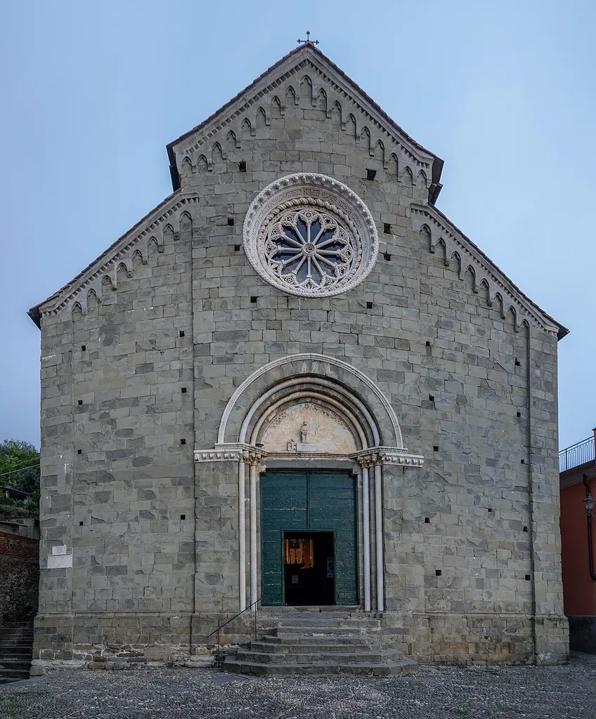 Front facade of San Pietro Church, Corniglia, Cinque Terre, Liguria, Italy