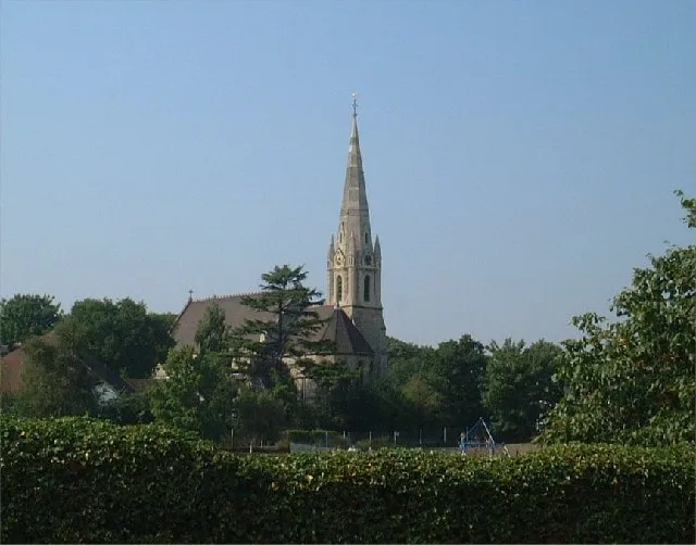 Parish church of St John the Evangelist, Parkhill Road, Bexley, southeast London (formerly Kent), seen from the south. The church was consecrated in 1882 andthe spire was added in 1890.