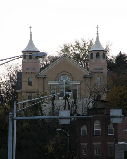 Picture of St. Nicholas Croatian Church at 24 Maryland Avenue in Millvale, Pennsylvania, on November 7, 2009. The church was built in 1900, and is listed on the National Register of Historic Places. Architect: Frederick C. Sauer (1860–1942). The church is also noted for its murals by Maxo Vanka.