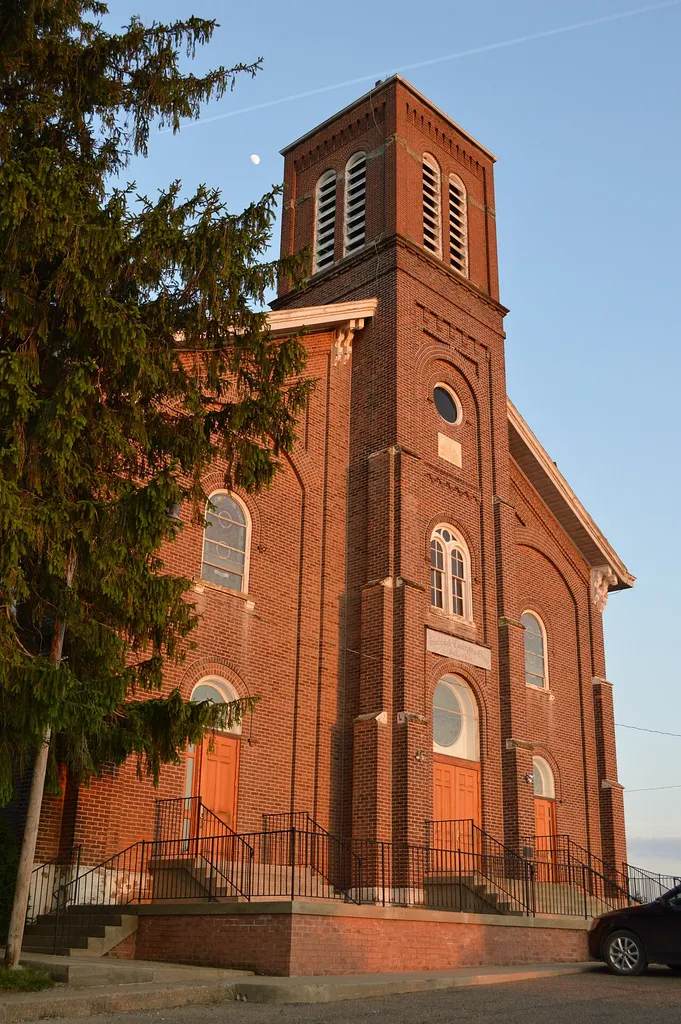 Front of Immaculate Conception Catholic Church, located on Fulda Road in Fulda, Ohio, United States. Built in 1874, it is listed on the National Register of Historic Places.