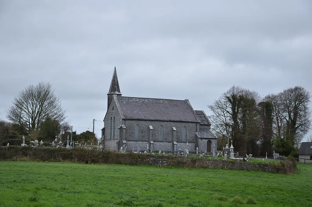 Kilmanagh St Aidan's Church as seen from the driveway of the thatched cottage.