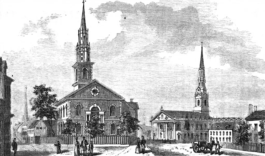 Caption reads: "View of the Brick Presbyterian Church and vicinity in 1840."