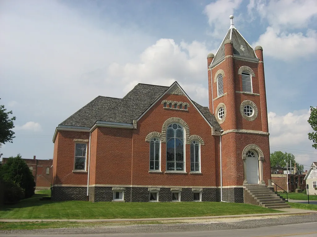 Front of the Oxford Presbyterian Church, located on the northwestern corner of the intersection of Benton and Justus Streets (State Roads 55 and 352 in Oxford, Indiana, United States. Built in 1902, it is listed on the National Register of Historic Places.