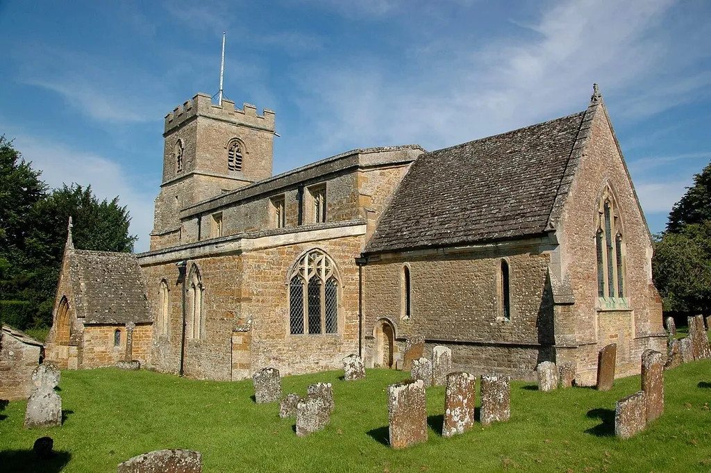 Church of England parish church of St Martin, Sandford St Martin, Oxfordshire: view from the southeast. Most of the windows are 15th century Perpendicular Gothic, but the east window of the south aisle is 19th century Gothic Revival.