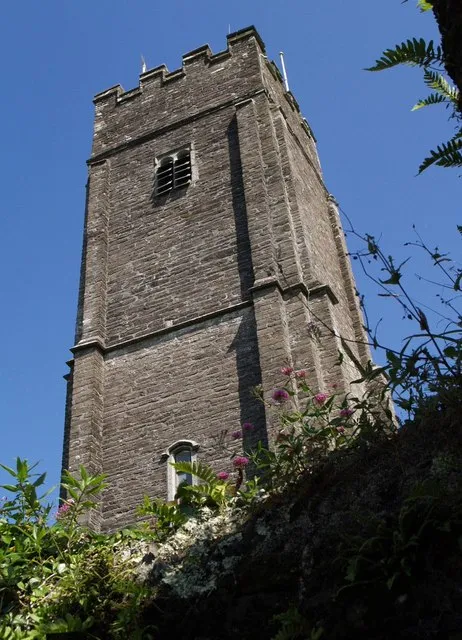 Church tower, Stoke Fleming. The "fine Perp W tower" (Cherry &amp; Pevsner) of 192196, seen from Old Road.