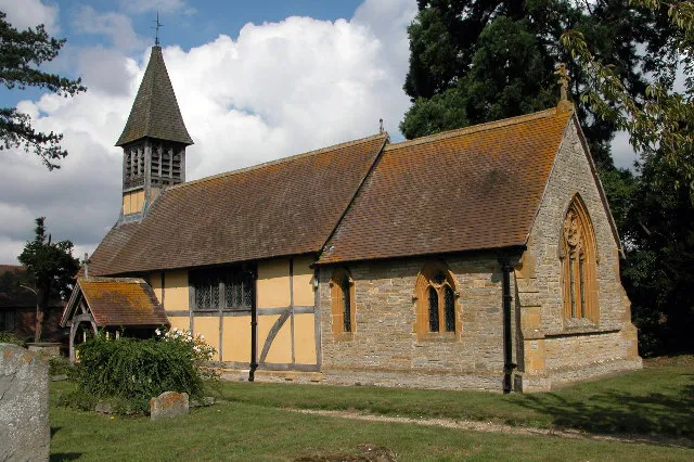 The church of St Peter in Besford, Worcestershire, England. It is one of only a few timber frame churches in England.