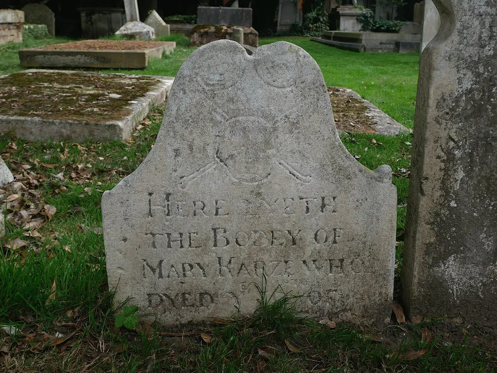 The Grade II listed 17th-century headstone of Mary Karze outside the Church of Saint Peter, Petersham.