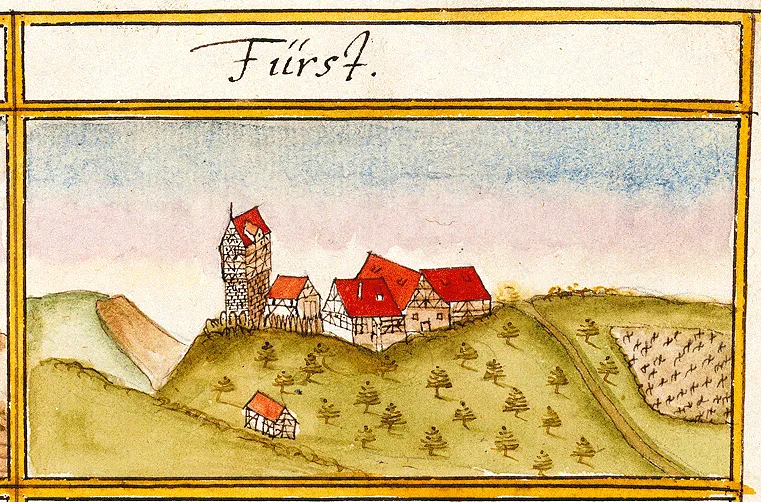 View of First, former castle near Öschingen, Mössingen, from the forest register books created by Andreas Kieser