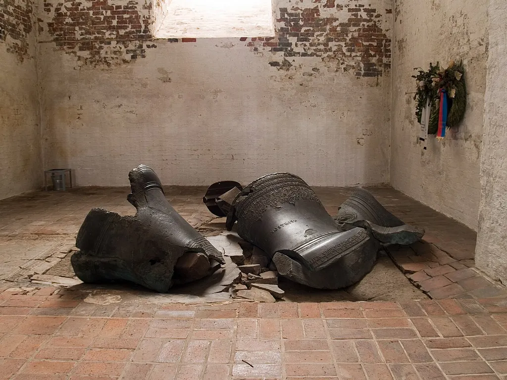 Church of St. Mary in Luebeck, the bells, partly melted during the fire in world war two