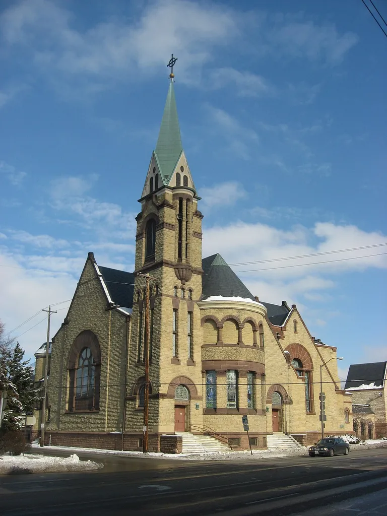 Front of the East Broad Street Presbyterian Church, located at 760 E. Broad Street (U.S. Route 40) in Columbus, Ohio, United States. Built in 1887 according to a design by Frank Packard, it is listed on the National Register of Historic Places.