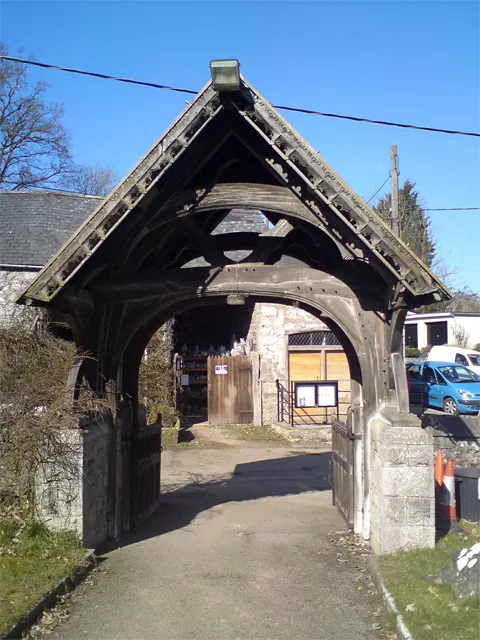 Llanrhaeadr: St. Dyfnog's Lych-gate The Lych-gate for St Dyfnog's Church in Llanrhaeadr in Denbighshire. The Anvil Pottery can be seen through the gate.