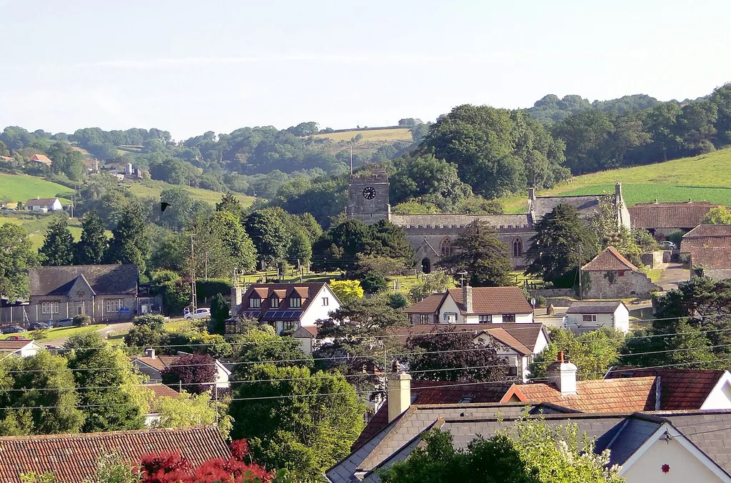 Roofscape of Uplyme, Devon, looking north to the parish church of SS Peter and Paul