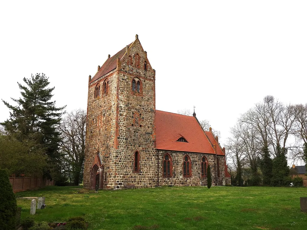 South-western view of the church in Gottberg, Märkisch Linden municipality, Ostprignitz-Ruppin district, Brandenburg state, Germany.