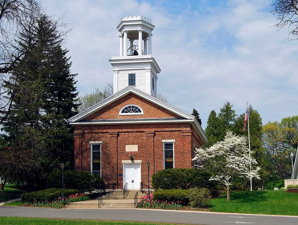 Niskayuna Reformed Church in Niskayuna, New York, United States. The church was built in 1852 and was added to the National Register of Historic Places in 1979.
