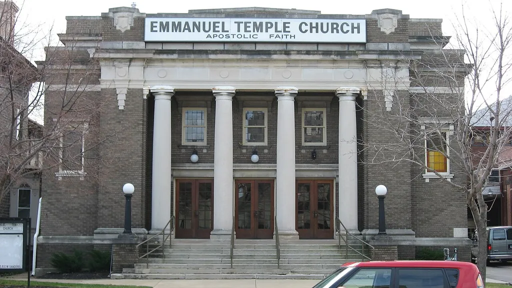Front of the former First Church of Christ, Scientist (now Emmanuel Temple Church), located at 128 E. Adams Street in Sandusky, Ohio, United States. Built in 1922, it is listed on the National Register of Historic Places.