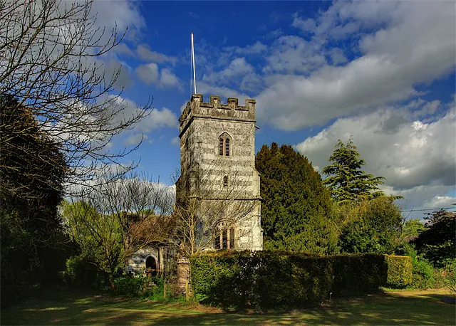Parish Church of St Mary, Chettle A closer view of the church's C16 tower.