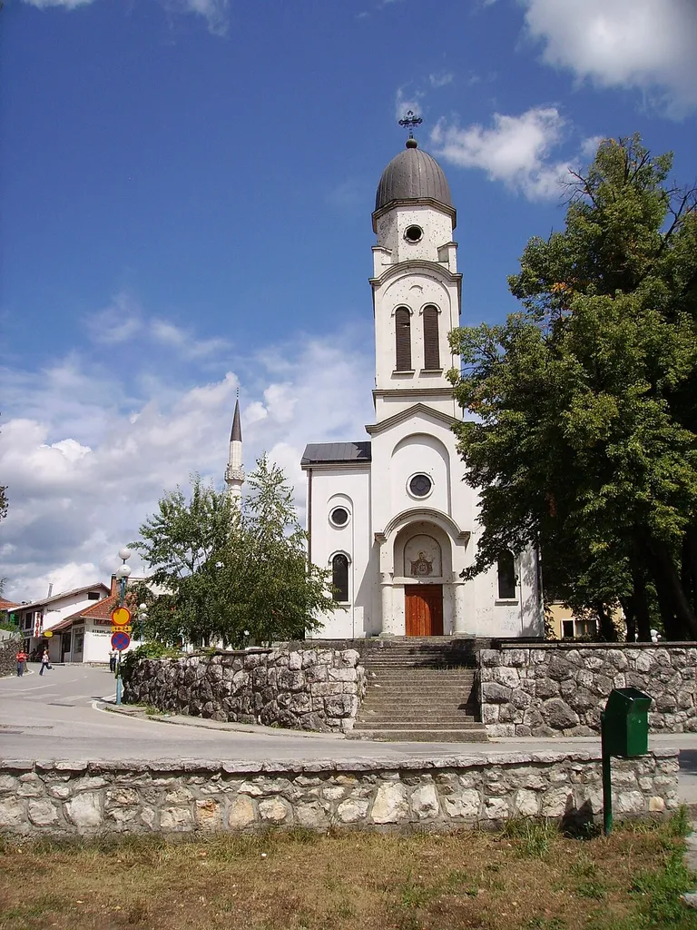 Serbian Orthodox Church and Mosque in Bosanska Krupa, Western Bosnia.