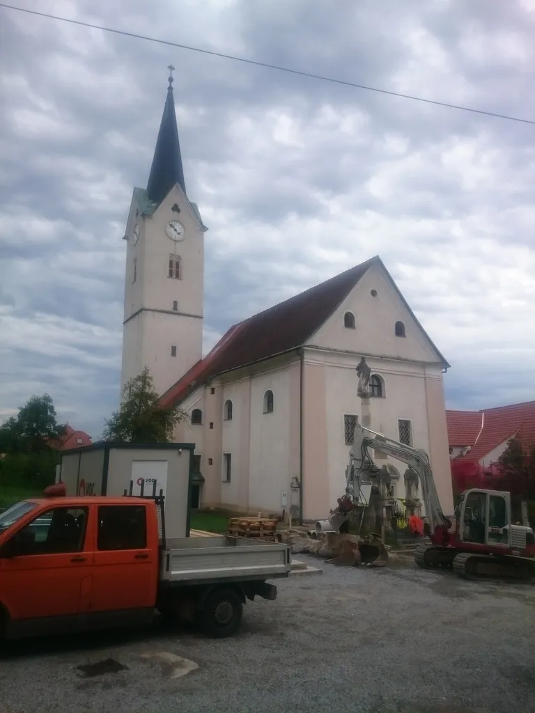 Radlje ob Dravi, St. Michael's church and St. Mary's column in front of it. More info about the church and the column (both in Slovenian only).