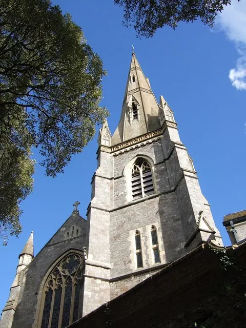 St Leonard's Church, Exeter. Another view of 283911. The "soaring spire with angled pinnacles" (Cherry &amp; Pevsner) was built in 1883 - architect, R.M.Fulford. The church was being rebuilt over a period of 10 years. Seen from Larkbeare Road.