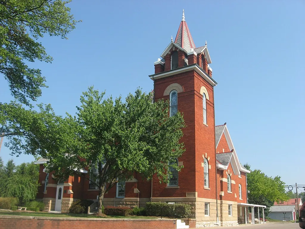Front and eastern side of the Groveport United Methodist Church, located at 512 E. Main Street in Groveport, Ohio, United States. Built in 1907, it is listed on the National Register of Historic Places.