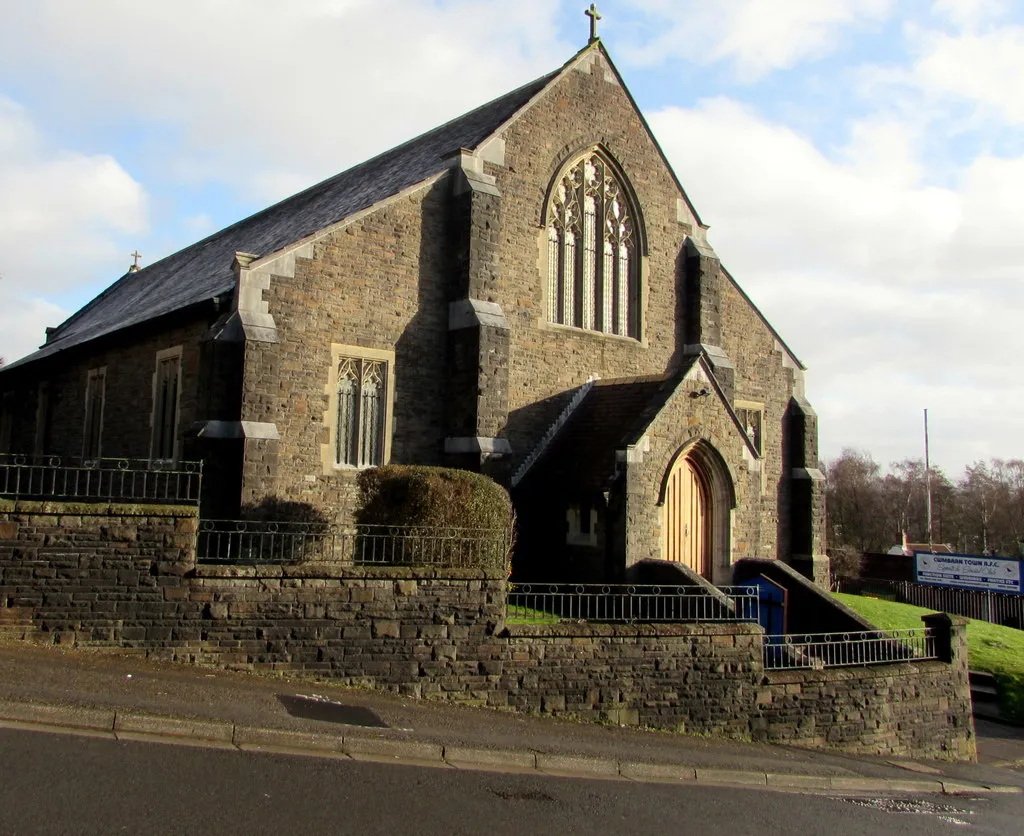 South side of St Gabriel's Church, Cwmbran. Commercial Street side of the church on the corner of Clomendy Road. St Gabriel's Church is part of the Rectorial Benefice of Cwmbran in the Church in Wales Diocese of Monmouth.