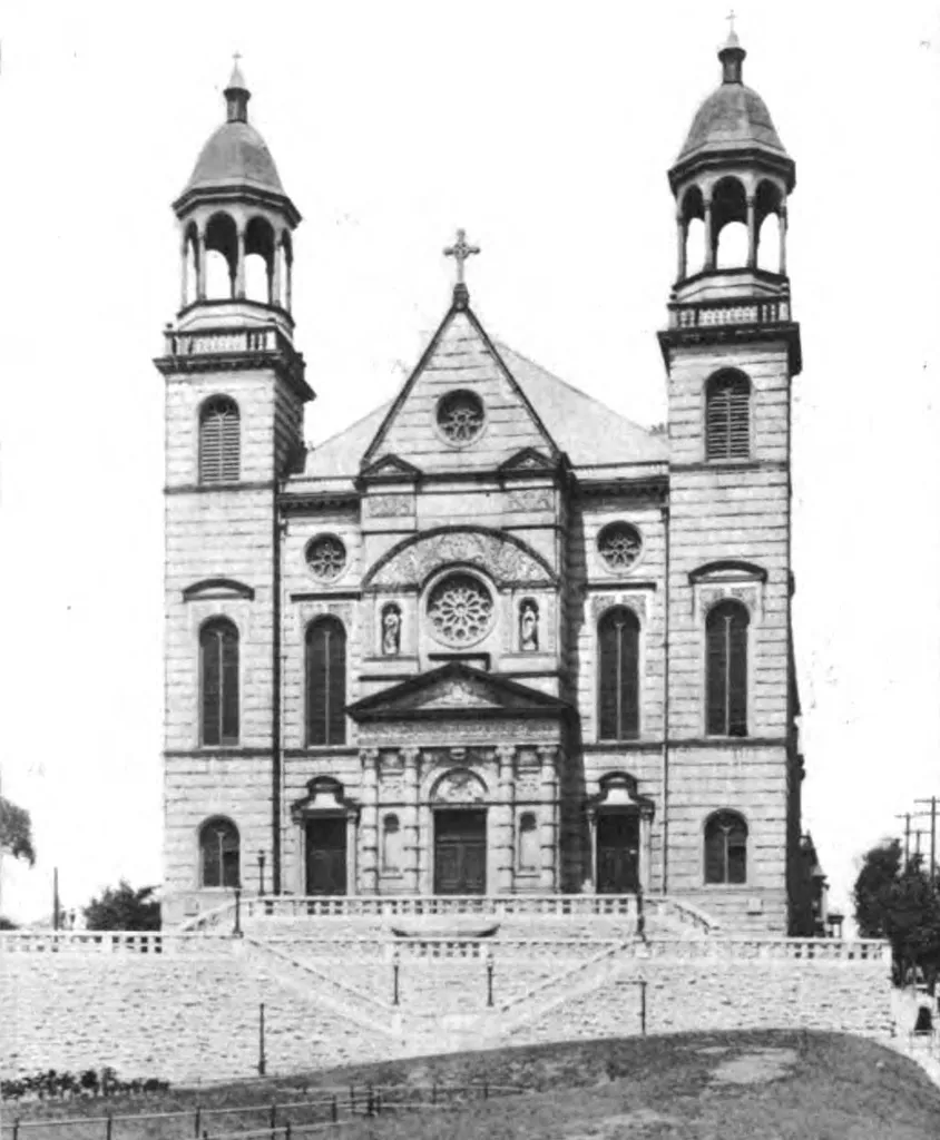 An image of Saint Augustine's Church taken from a 1914 publication entitled "The Catholic Church in the United States of America: Undertaken to Celebrate the Golden Jubilee of His Holiness, Pope Pius X, Volume 3." The image can be found on page 385.