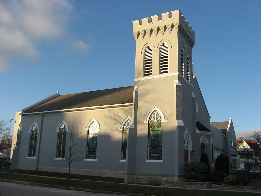 Front and southern side of St. Paul's Episcopal Church, located at 200 N. Park Avenue in Fremont, Ohio, United States. Built in 1843, it is listed on the National Register of Historic Places.