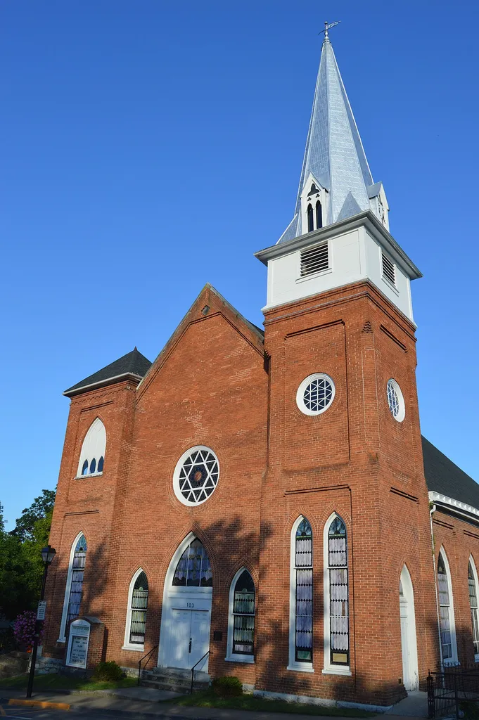 Front of First Baptist Church, located at 103 N. Main Street in Lexington, Virginia, United States. Built in 1896, it is listed on the National Register of Historic Places.