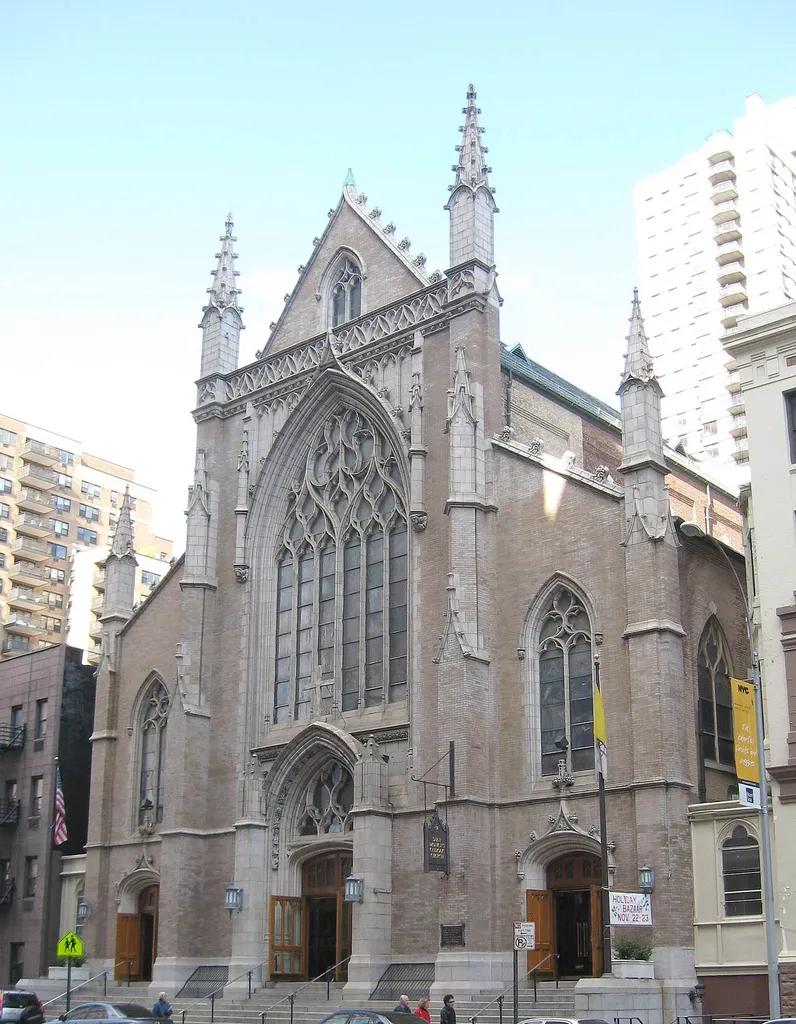 Looking north across en:79th Street (Manhattan) at St Monica's Roman Catholic Church on a sunny afternoon. ZIP 10021.