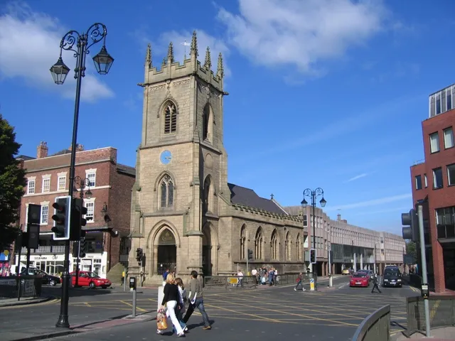 Chester History and Heritage Centre, at the junction of Bridge Street (left) and Pepper Street (right), Chester, Cheshire, seen from the southwest