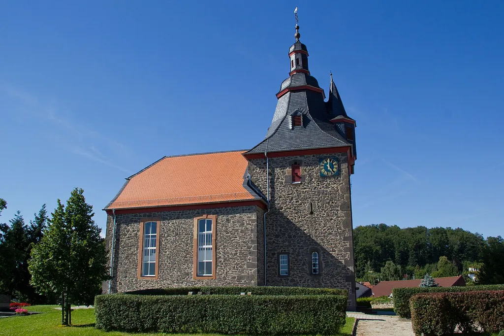 Evangelical Church Nonnenroth. The solid part of the tower dates back to the 13th century, the new church was inaugurate in 1775.