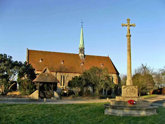 St Mary's Church, Bayford, Hertfordshire, with the War Memorial.