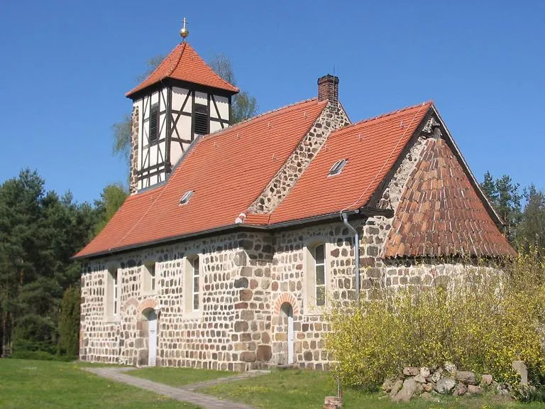Stonechurch in Möllensdorf, probably built in 12th century. Möllensdorf is a municipality in the Nature park Fläming in the district Wittenberg, state Saxony-Anhalt, Germany.