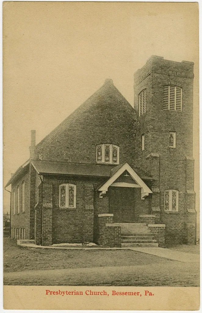 First Presbyterian Church in Bessemer, Pennsylvania from a pre-1923 postcard. From RG 428, Postcard Collection, Presbyterian Historical Society, Philadelphia, Pennsylvania.