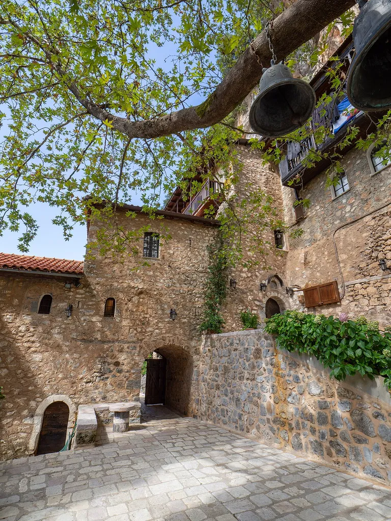The central court of Aimyalon monastery, Arcadia. The monastery was built in early 17th century on the cliff.