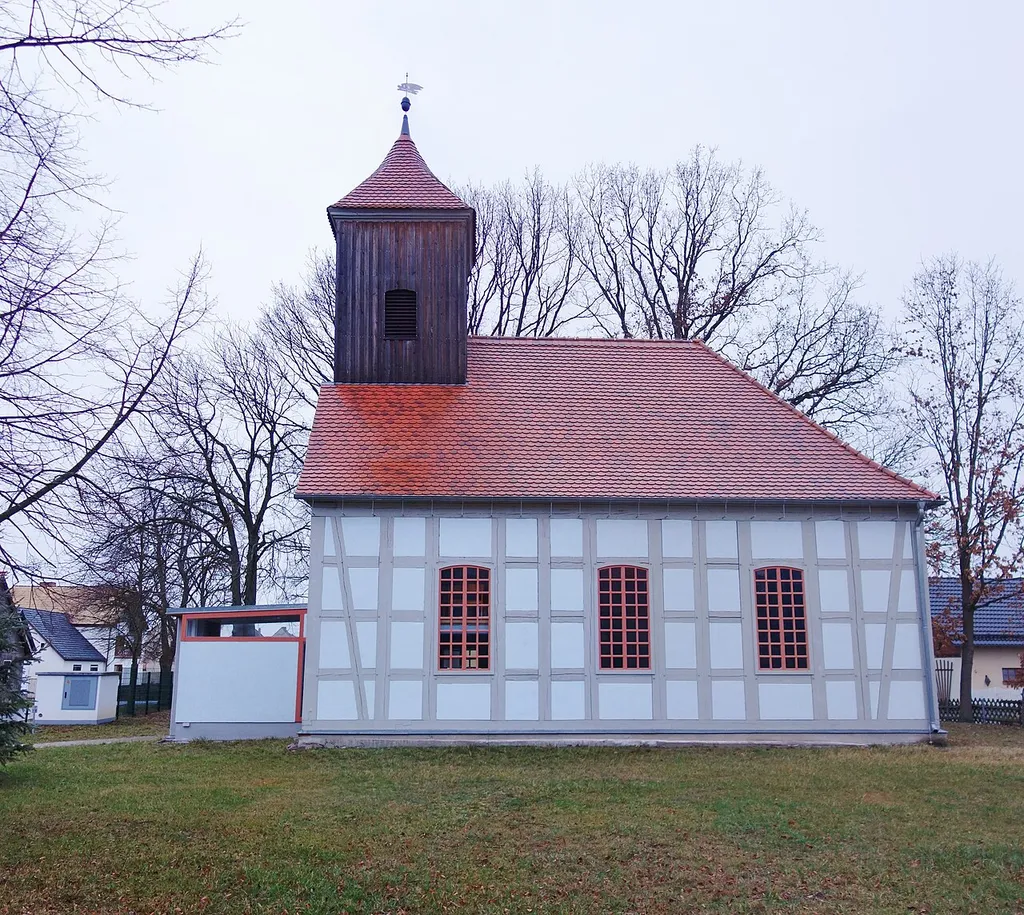 Southern view of the church in Klein Muckrow , Friedland (Niederlausitz) municipality , Oder-Spree district, Brandenburg state, Germany.
