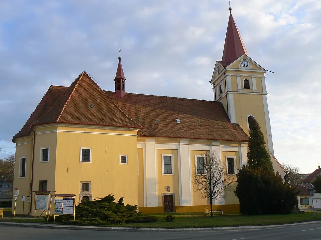 Koryčany in Kroměříž District, Czech Republic. Saint Lawrence church, north side.