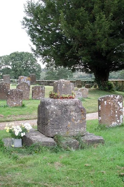 Base and broken shaft of 14th- or 15th-century preaching cross in the parish churchyard of St Mary the Virgin, Salford, Oxfordshire