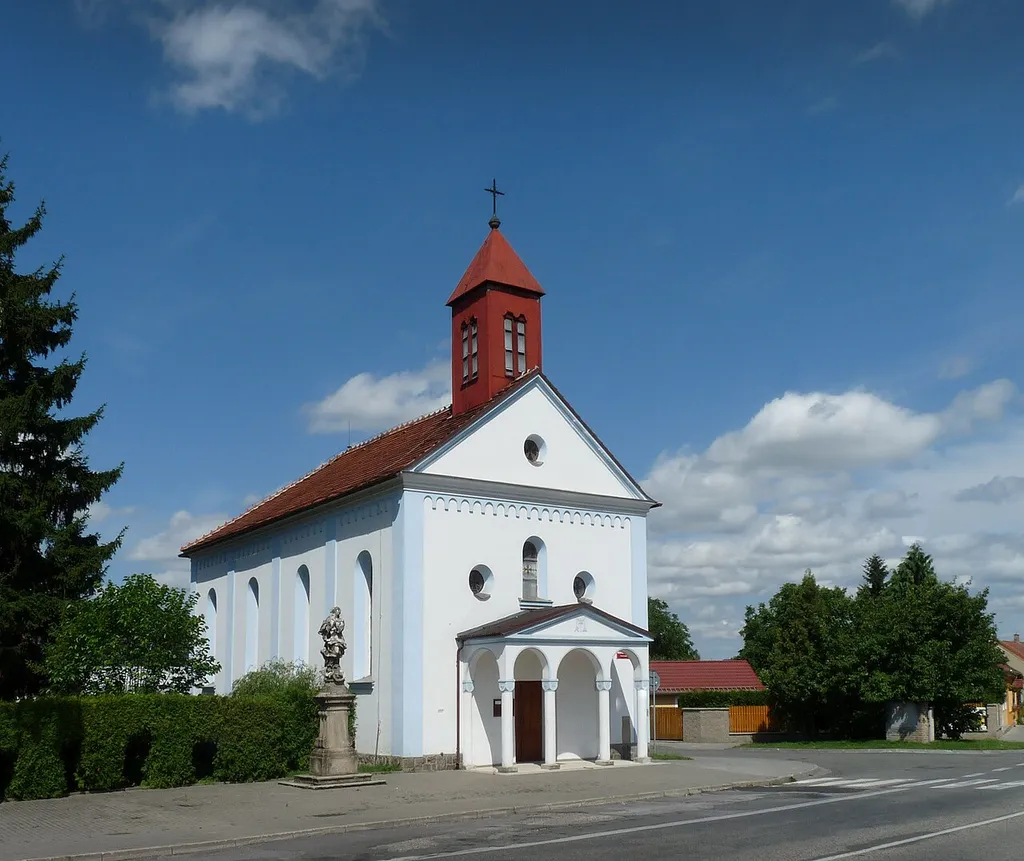 Virgin Mary Queen of Angels Church from 1938 in the village of Nové Hodějovice, part of České Budějovice, Czech Republic.
